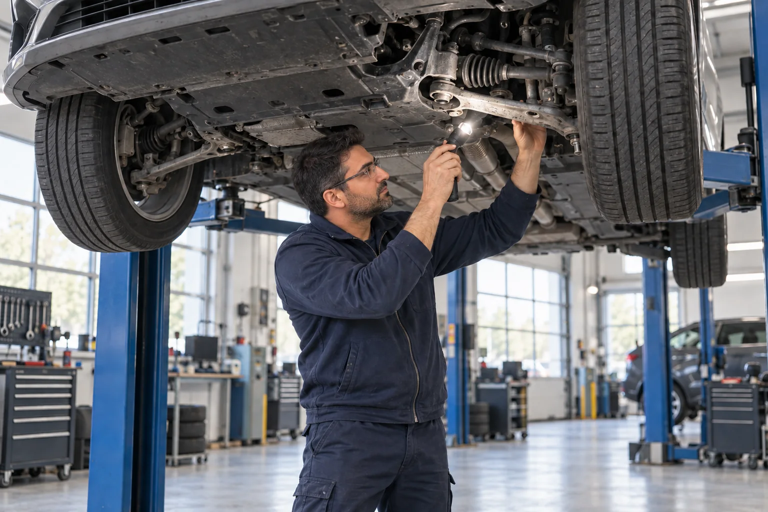 Kfz-Sachverständiger untersucht Fahrwerk und Unterboden auf der Hebebühne