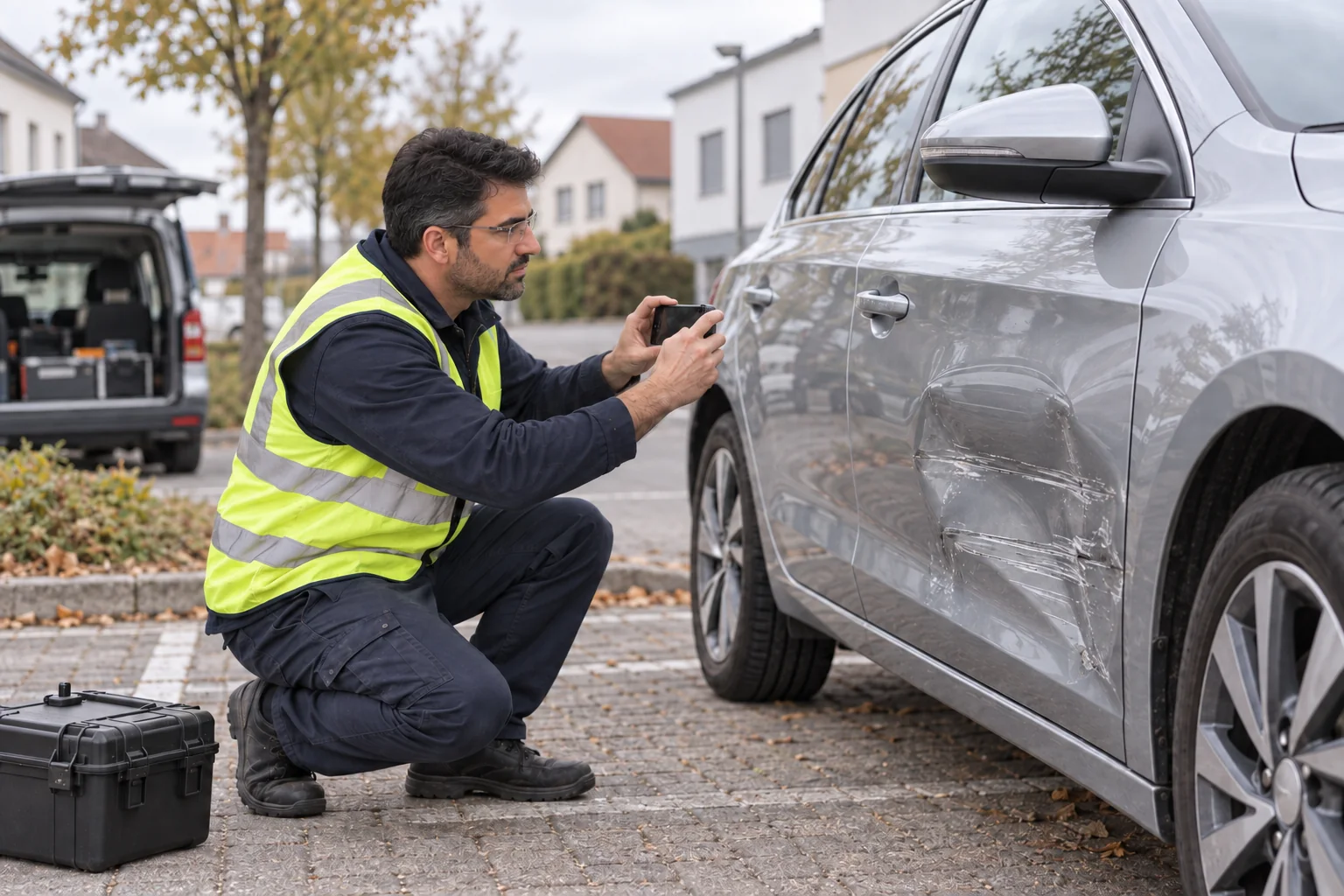 Mobiler Kfz-Gutachter dokumentiert einen Seitenschaden an einem Pkw