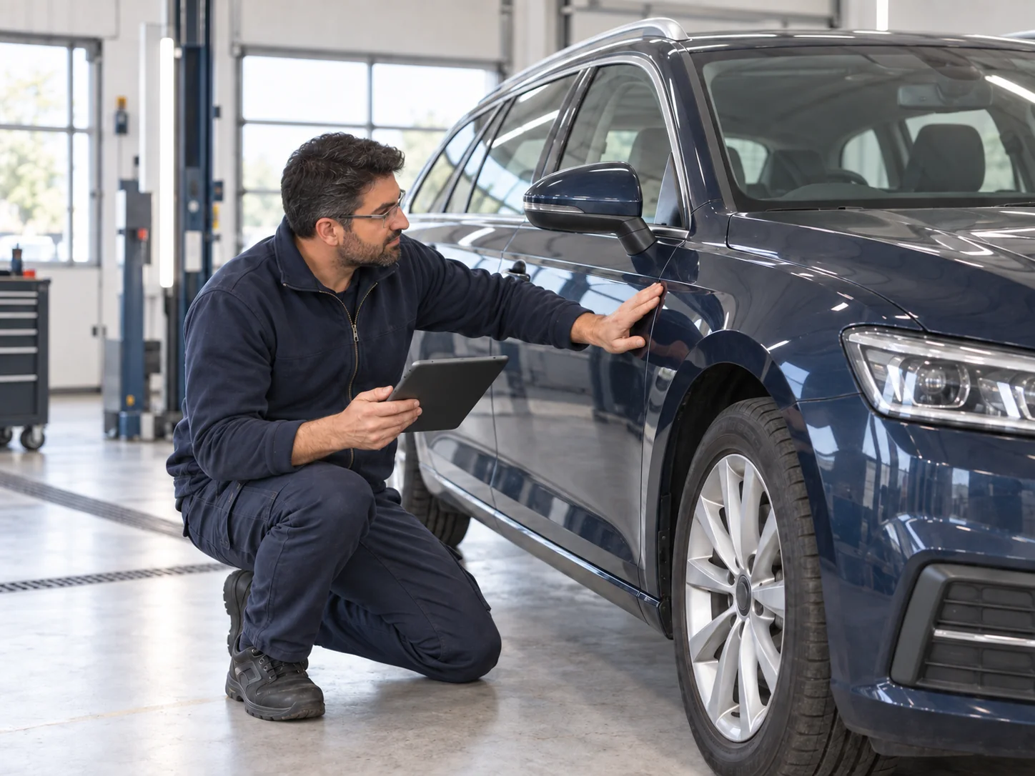 Sachverständiger prüft den Zustand eines Fahrzeugs mit digitaler Checkliste